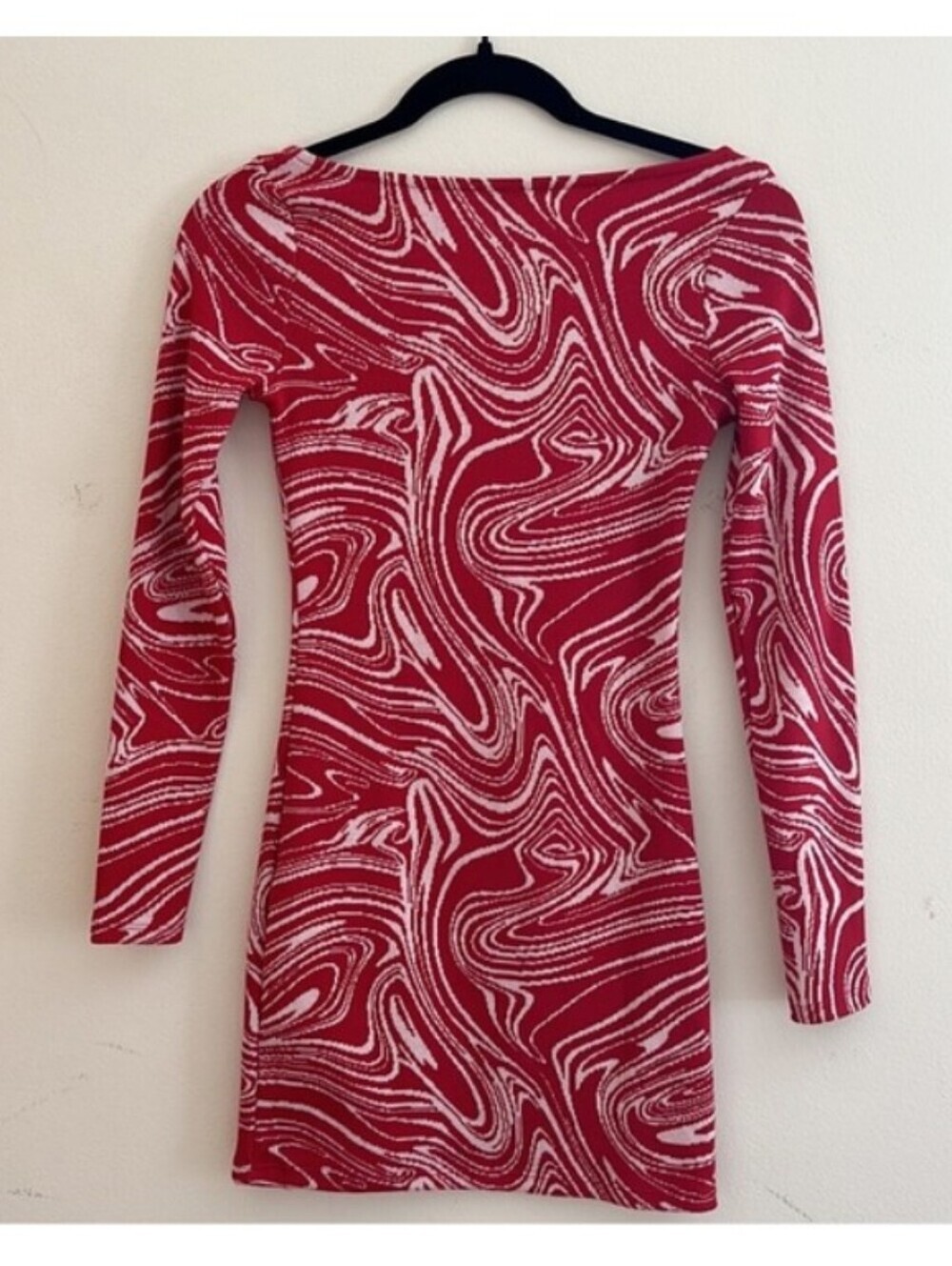 ZARA Jacquard Red Swirl Mini Dress Knit Long Sleeve Medium Sweetheart Bodycon - Picture 3 of 7